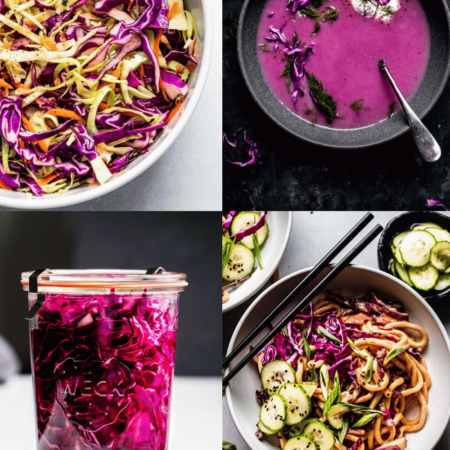 Collage of recipes that use red cabbage.