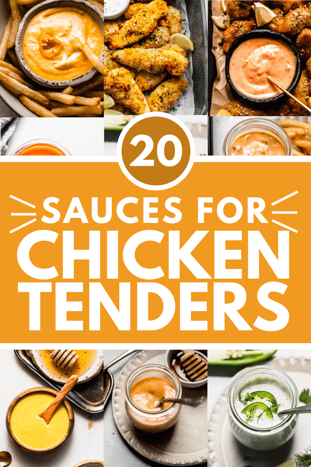 Collage of sauces for chicken tenders with text overlay.