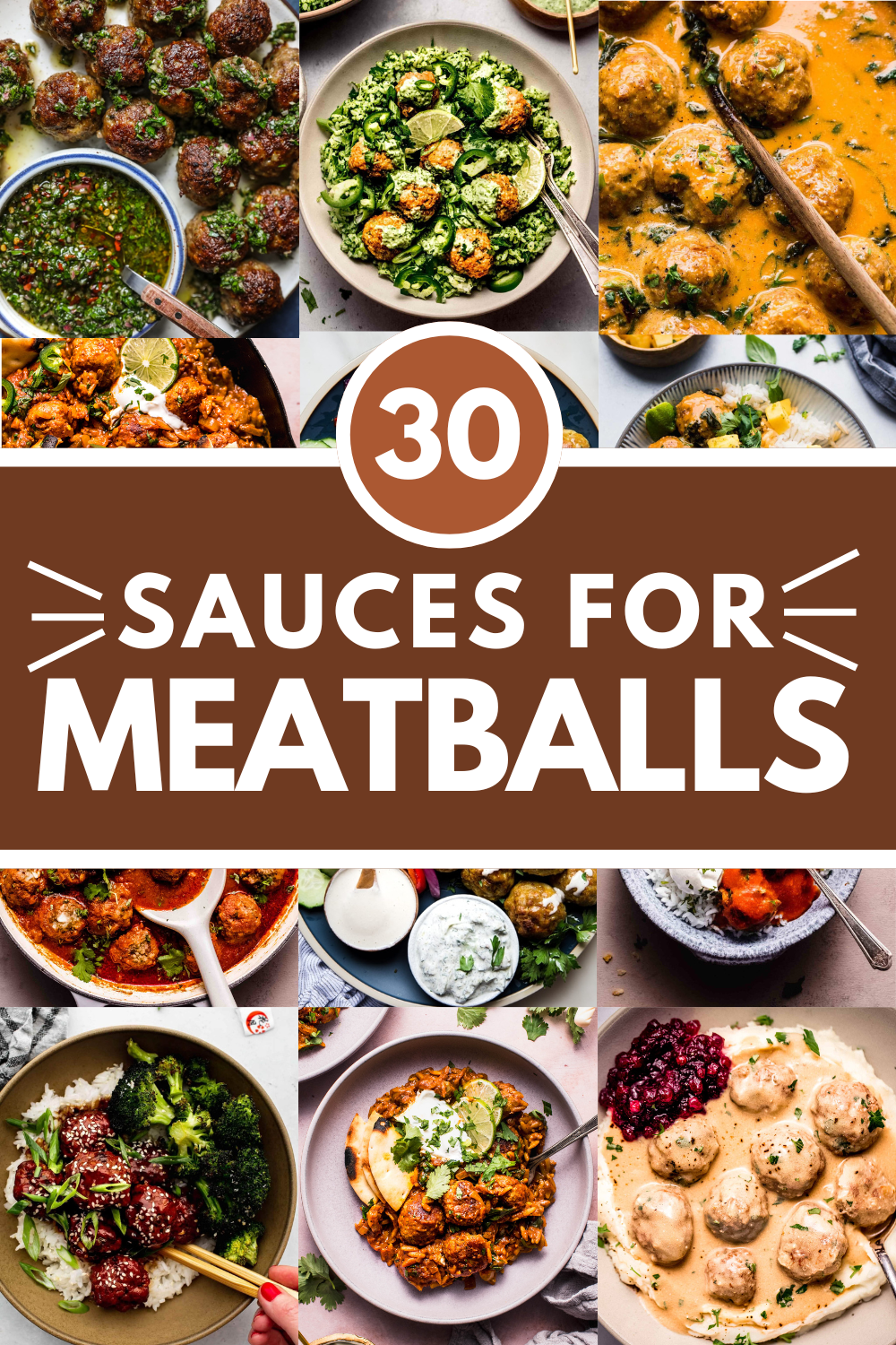 Collage of sauces for meatballs with text overlay.