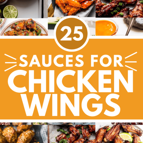 Collage of chicken wing sauces with text overlay.