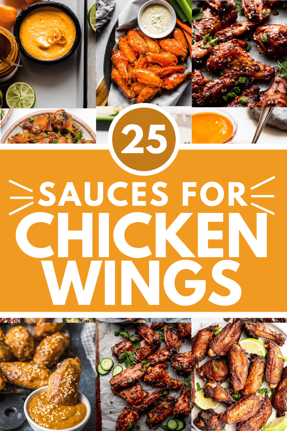 Collage of chicken wing sauces with text overlay.
