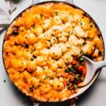 Overhead shot of shepherd's pie in skillet.