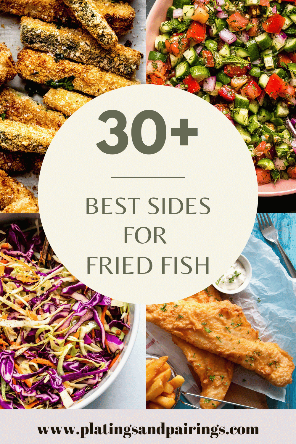 Collage of sides for fried fish with text overlay.