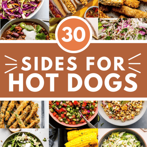 Collage of sides for hot dogs with text overlay.