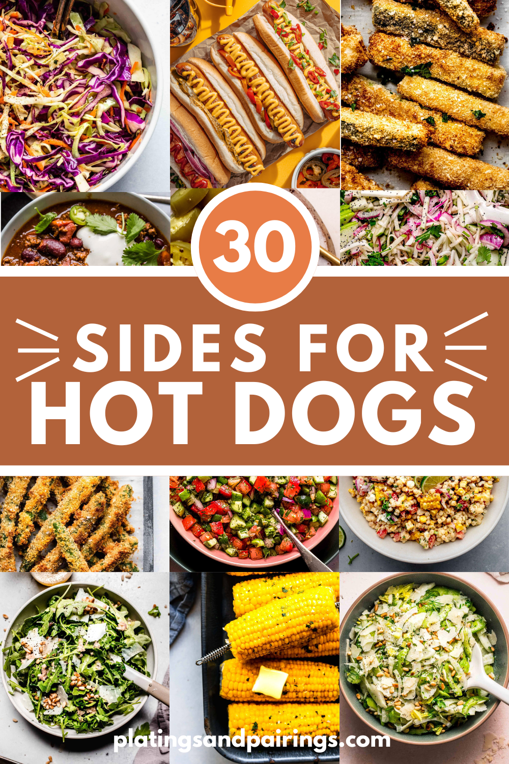 Collage of sides for hot dogs with text overlay.