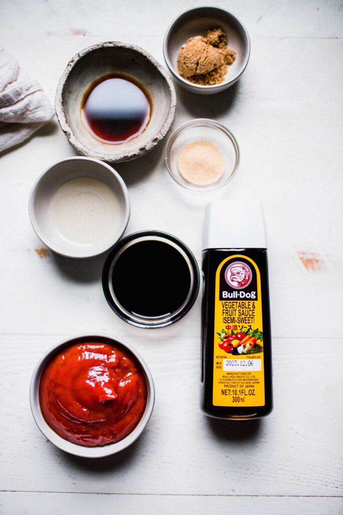 Ingredients for tonkatsu sauce on counter.