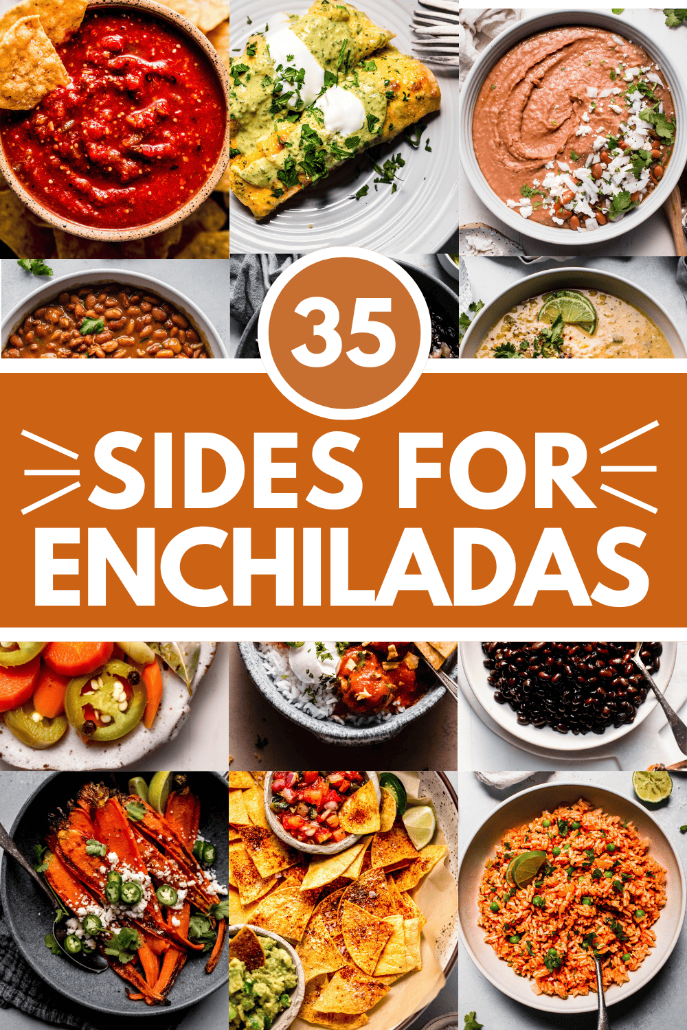 Collage of sides for enchiladas with text overlay - what to serve with enchiladas.