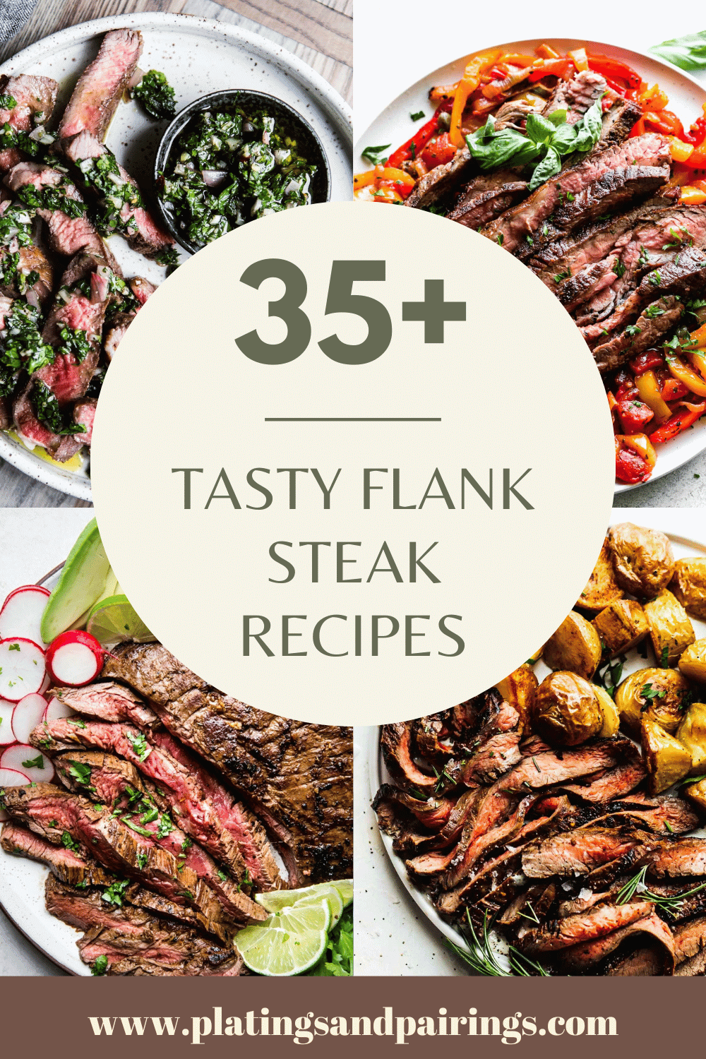 Collage of flank steak recipes with text overlay.