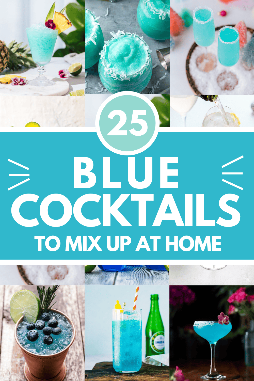 Collage of blue cocktails with text overlay.