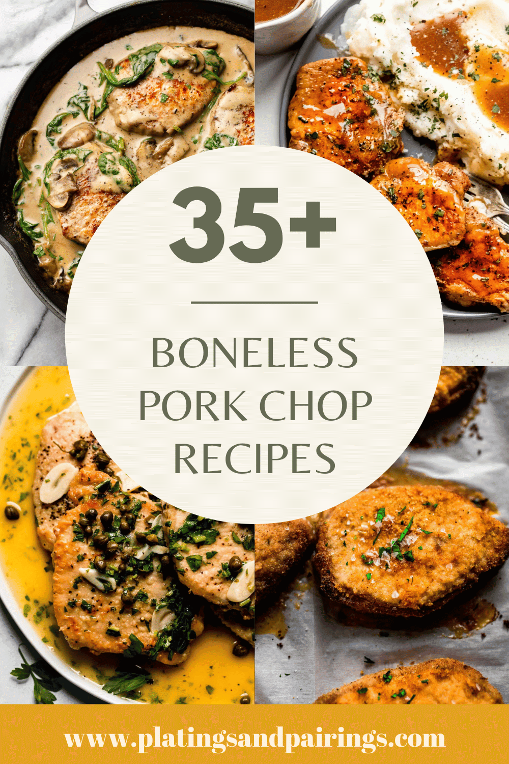 Collage of boneless pork chop recipes with text overlay.