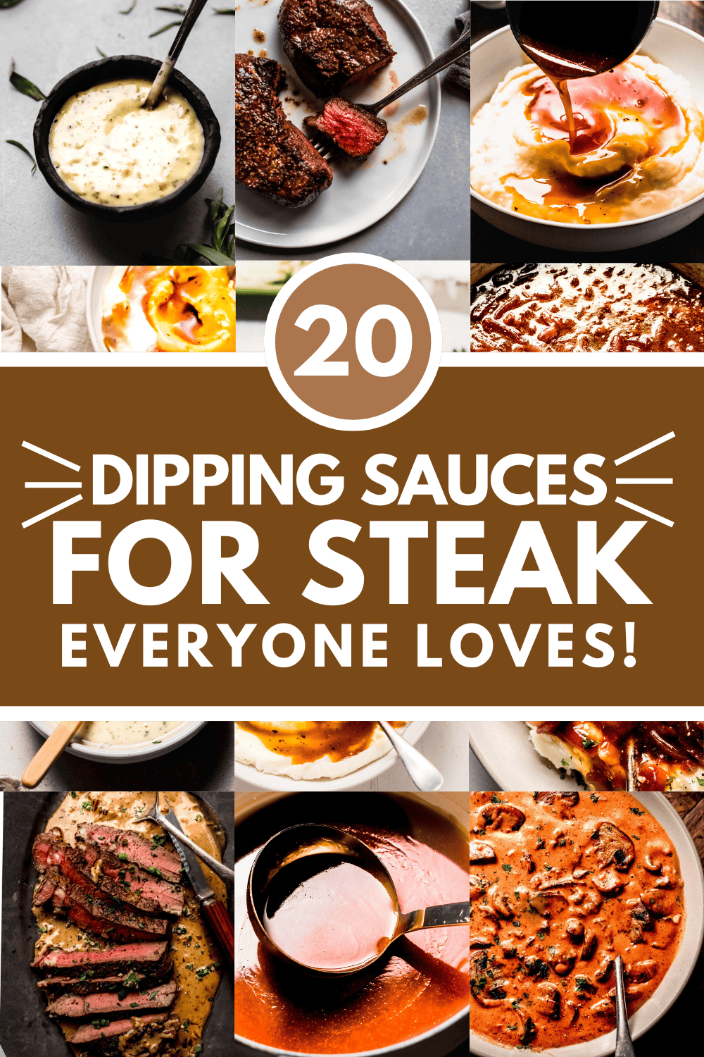 Collage of dipping sauces for steak with text overlay.