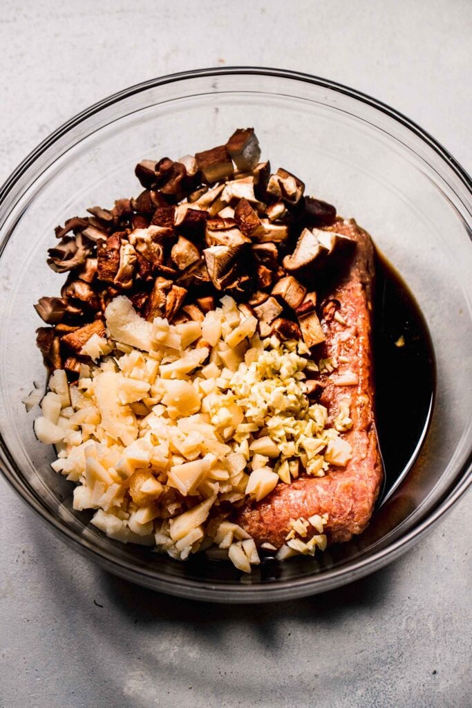 Meat and mushroom mixture marinading in bowl. 