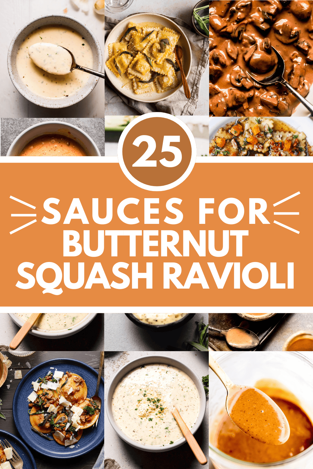 Collage of sauces for butternut squash ravioli with text overlay.