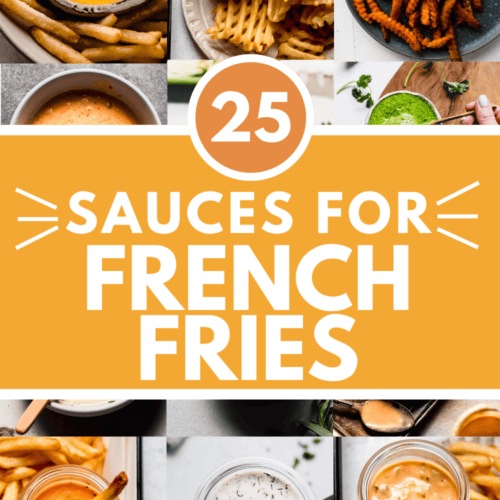 Collage of sauces for french fries with text overlay.