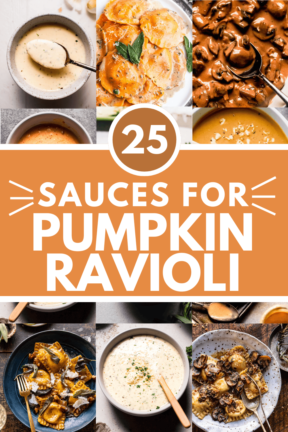 Collage of sauces for pumpkin ravioli with text overlay.