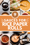 Collage of sauces for rice paper rolls with text overlay.