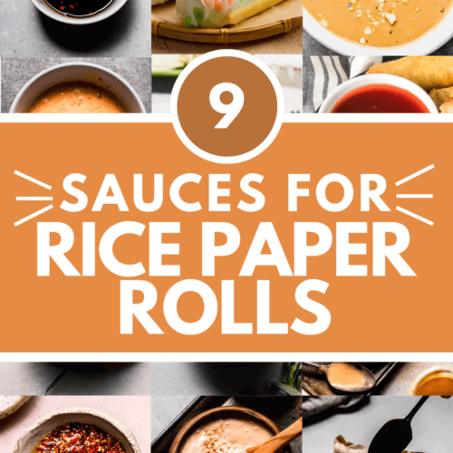 Collage of sauces for rice paper rolls with text overlay.