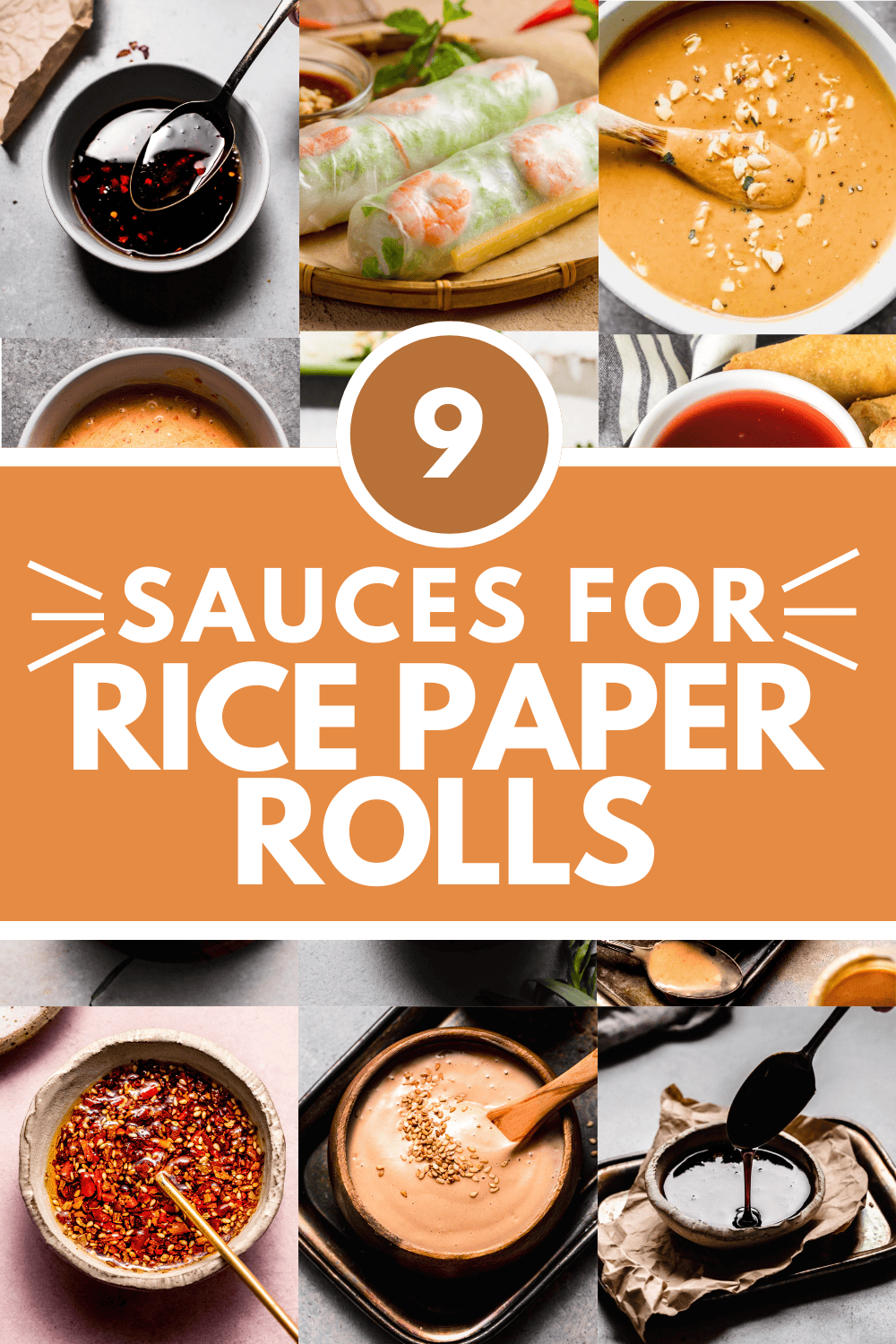 Collage of sauces for rice paper rolls with text overlay.