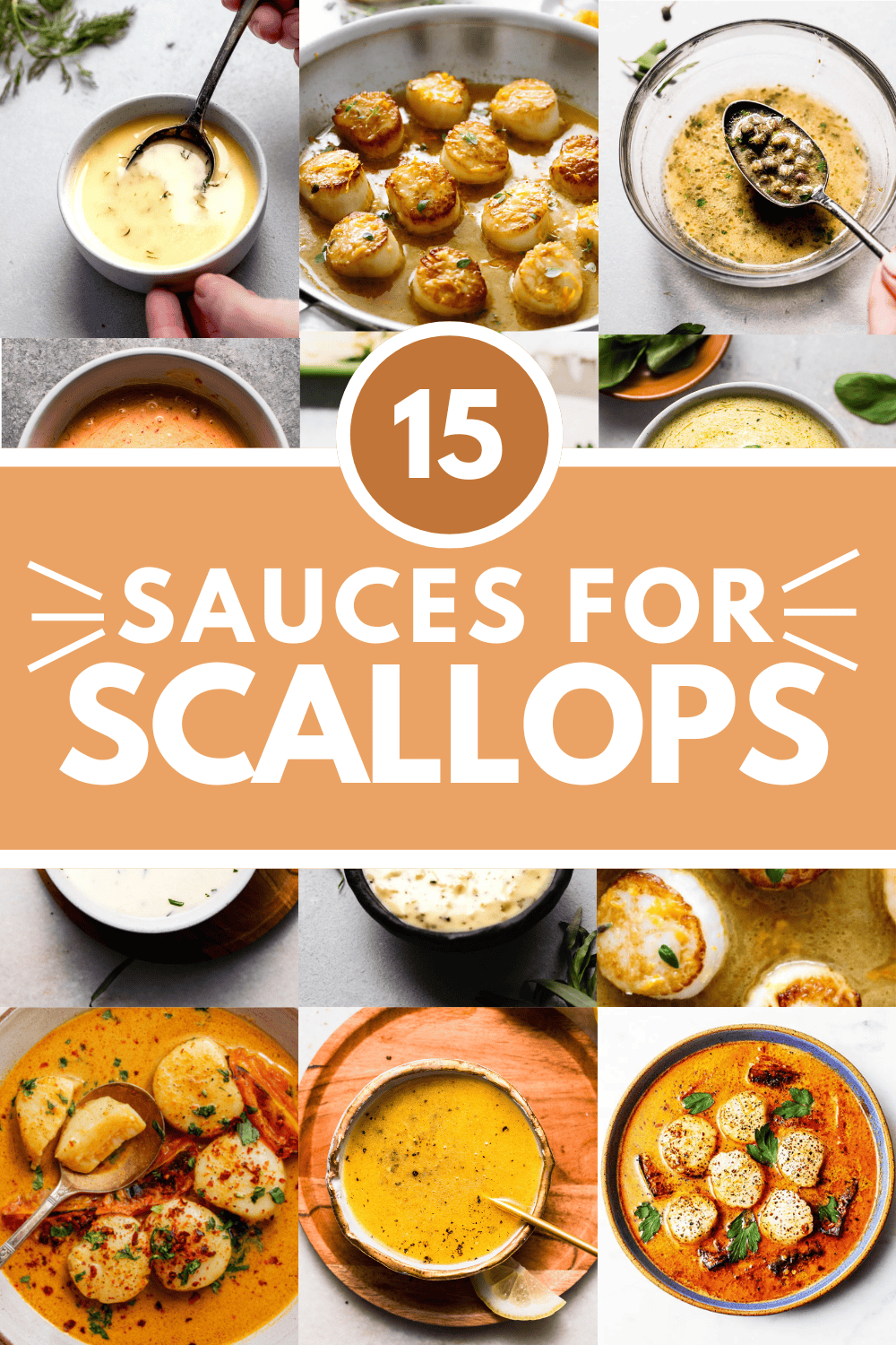 Collage of sauces for scallops with text overlay.