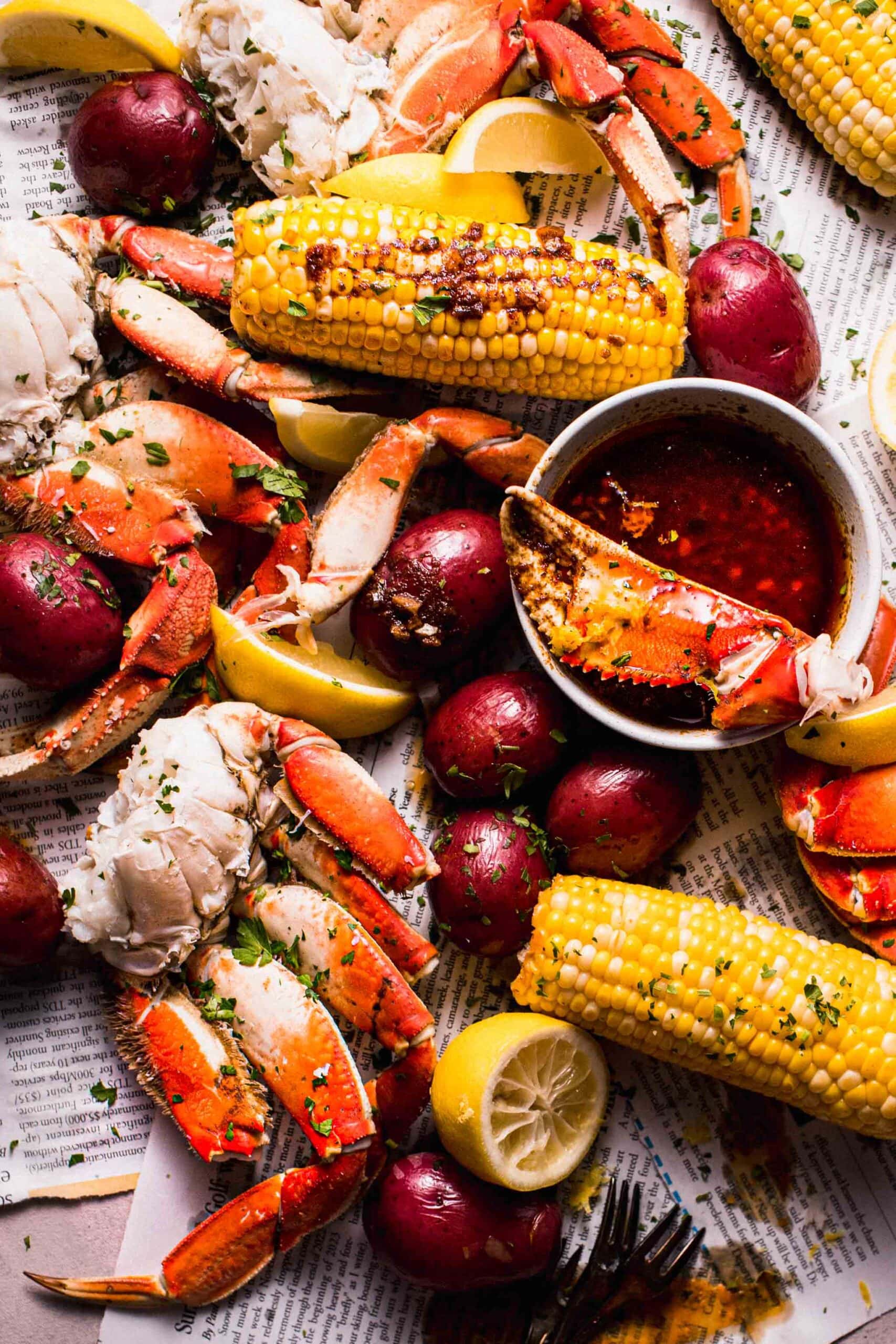 Seafood boil spread out over newspapers.