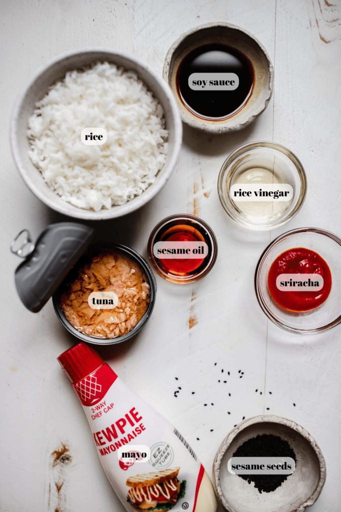 Ingredients for tuna rice bowls labeled on counter. 