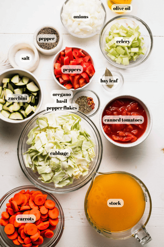 Ingredients for weight loss soup labeled on counter. 