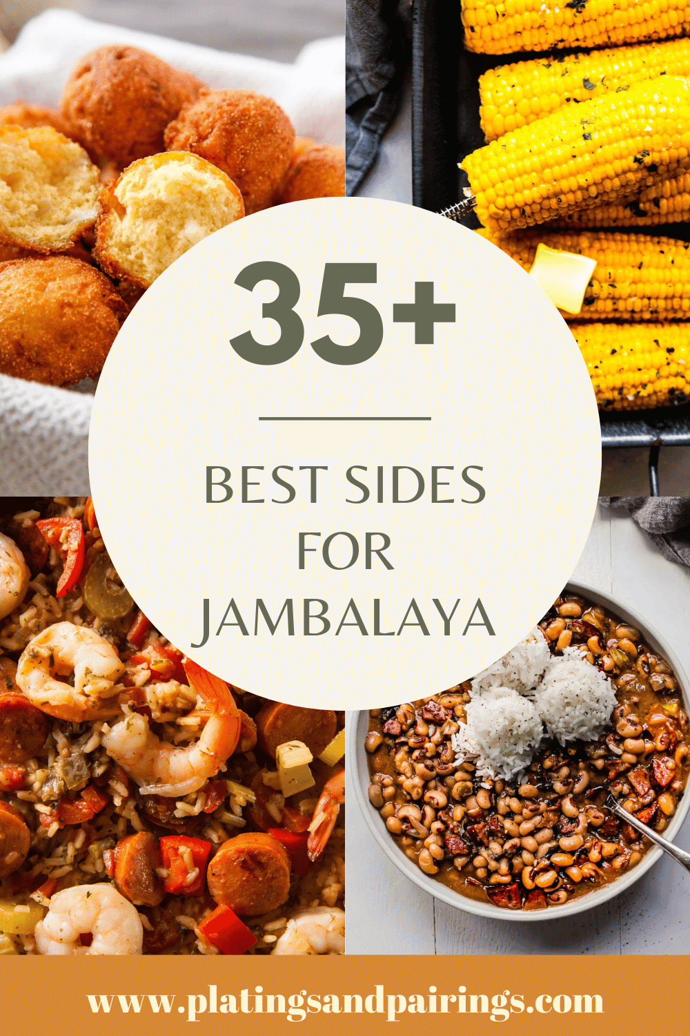 Collage of sides for jambalaya with text overlay - what to serve with jambalaya.