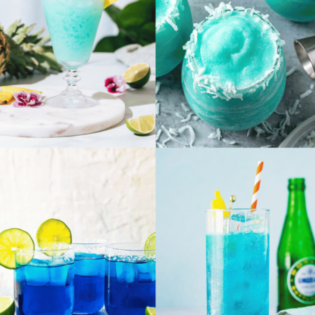 COLLAGE OF BLUE COCKTAILS.