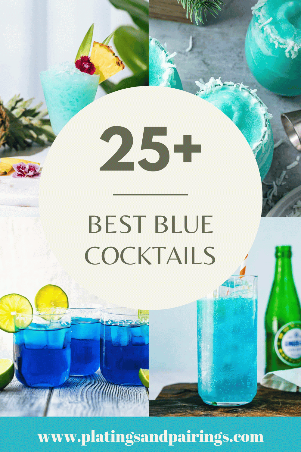 Collage of blue cocktails with text overlay.