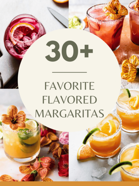 Collage of flavored margaritas with text overlay.