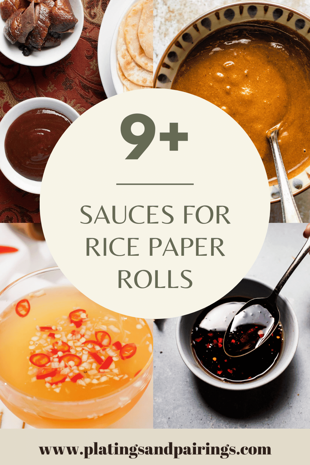 Collage of dipping sauces for rice paper rolls with text overlay.