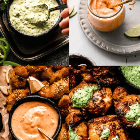 Collage of dipping sauces for chicken.