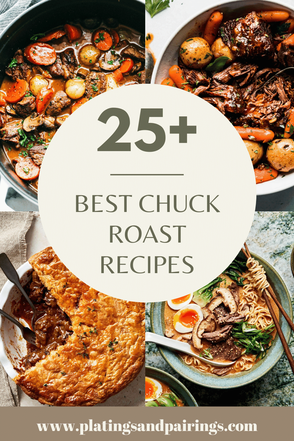 Collage of chuck roast recipes with text overlay.
