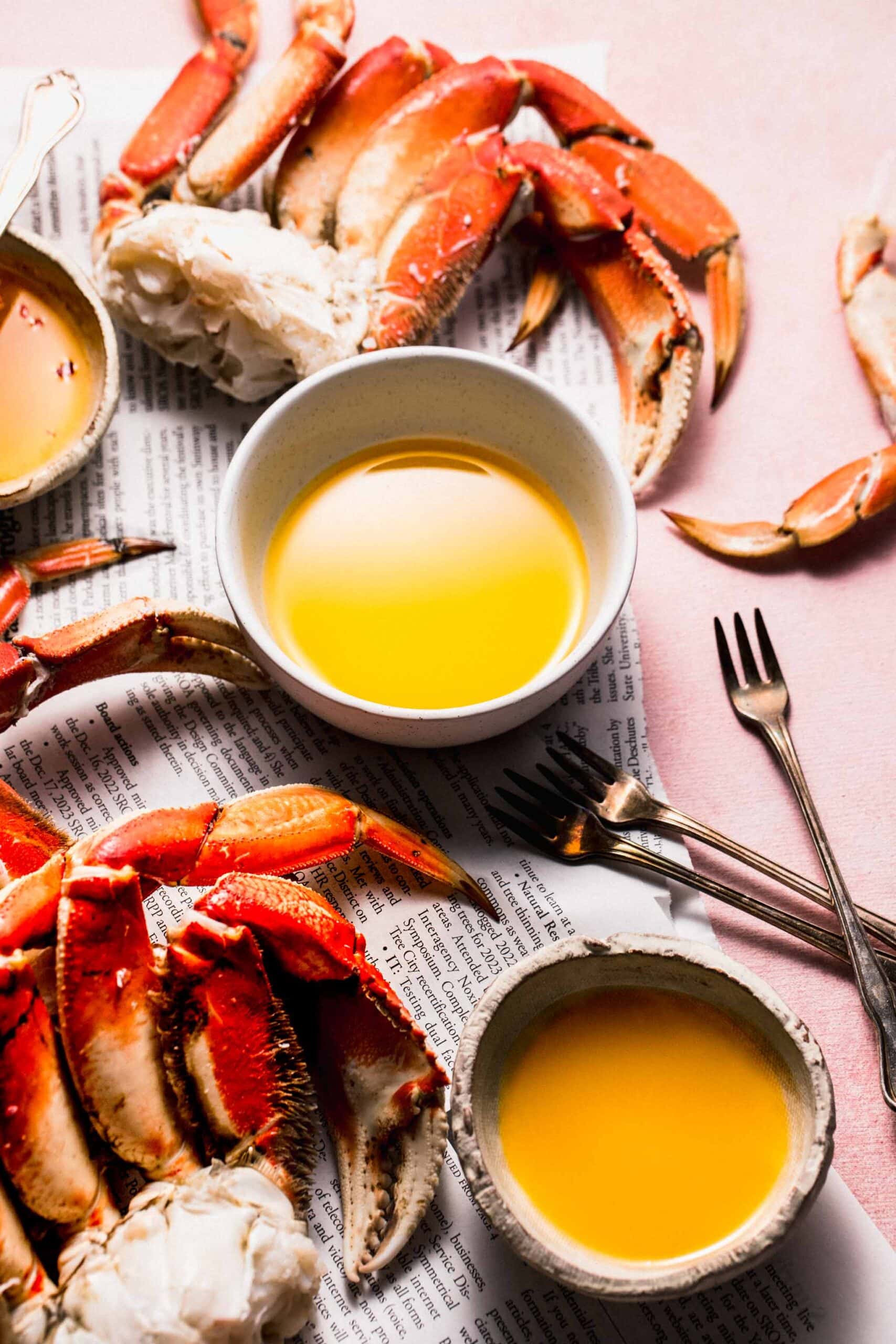 Small bowl of crab butter next to cracked crabs on newspapers.