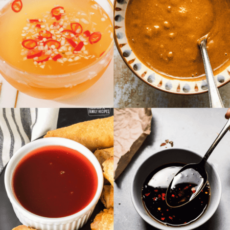 Collage of dipping sauces for egg rolls.