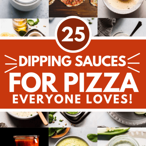 Collage of dipping sauces for pizza with text overlay.