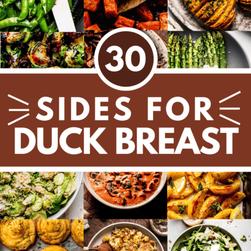 Collage of side dishes for duck with text overlay.