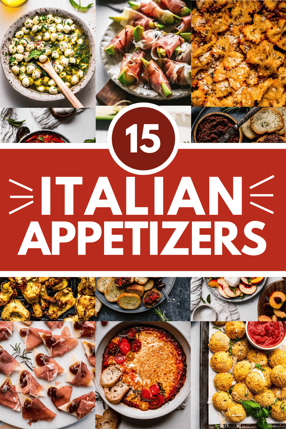 Collage of italian appetizer recipes with text overlay.