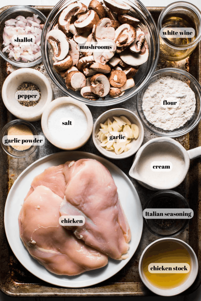 Ingredients for mushroom sauce labeled on tray. 