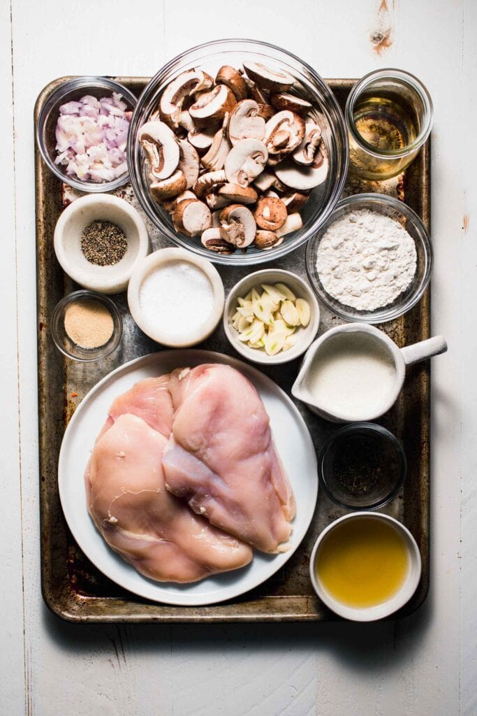Ingredients for mushroom sauce for chicken on tray.