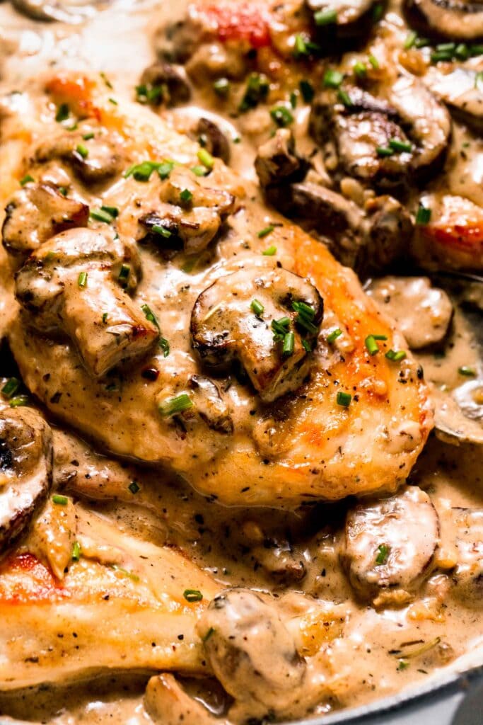 Close up of chicken breast topped with mushroom sauce. 
