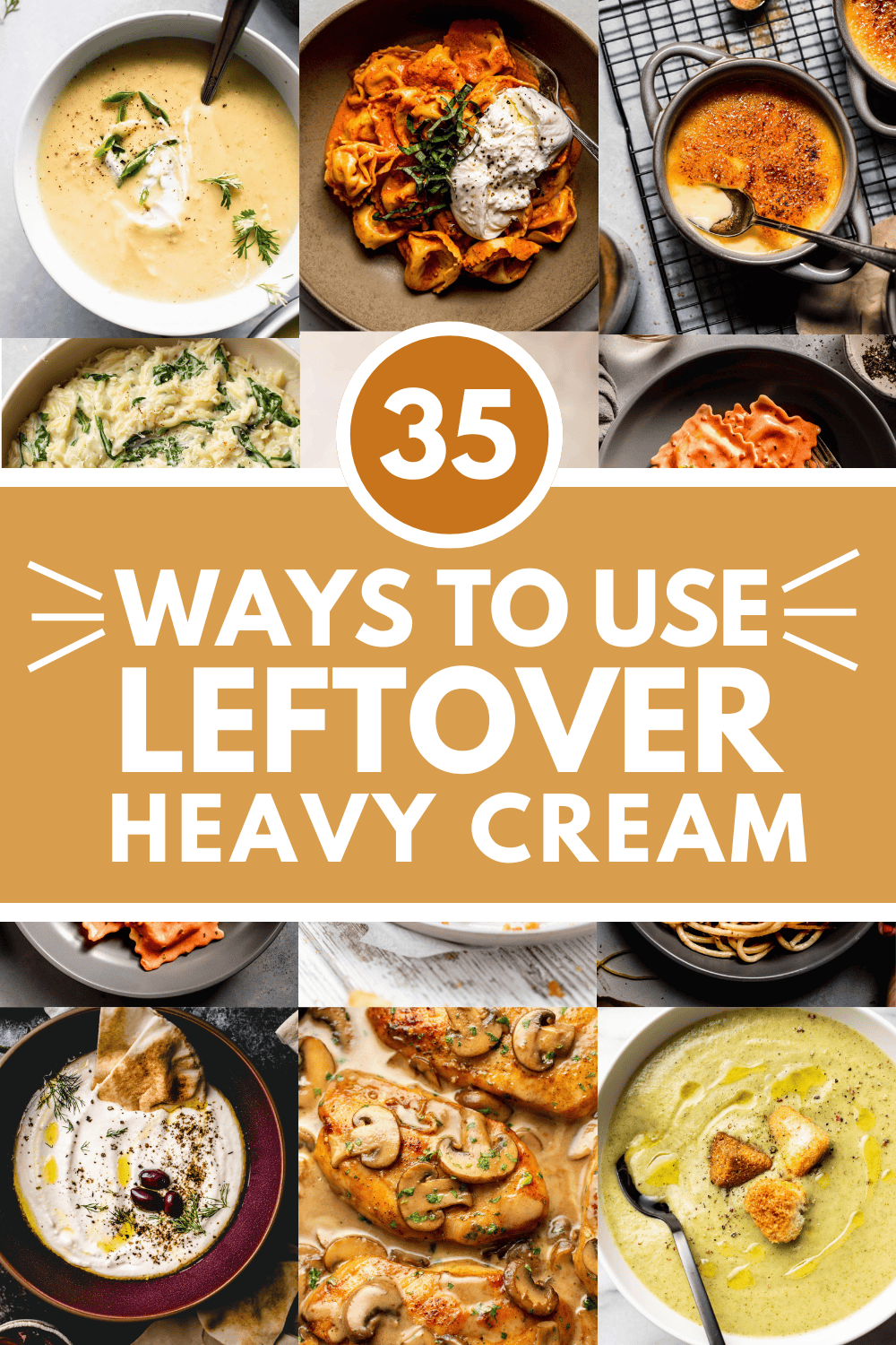 Collage of recipes that use heavy cream with text overlay.