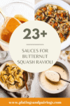 Collage of sauces for butternut squash ravioli with text overlay.