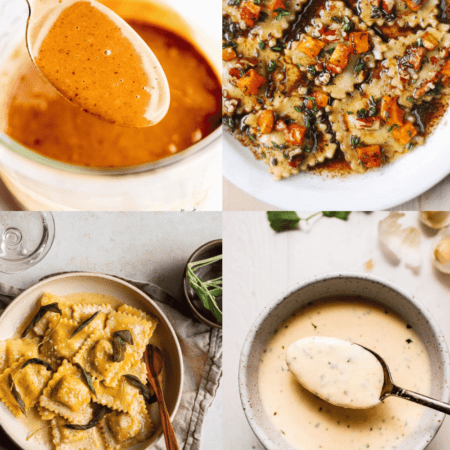 Collage of sauces for butternut squash ravioli.