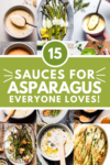 Collage of sauces for asparagus with text overlay.