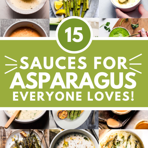 Collage of sauces for asparagus with text overlay.