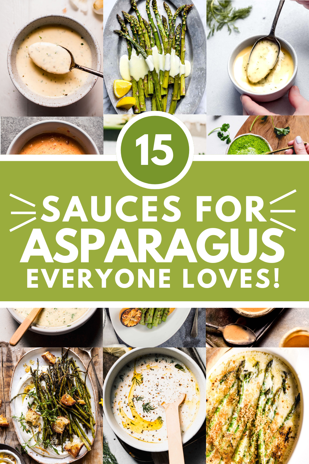 Collage of sauces for asparagus with text overlay.
