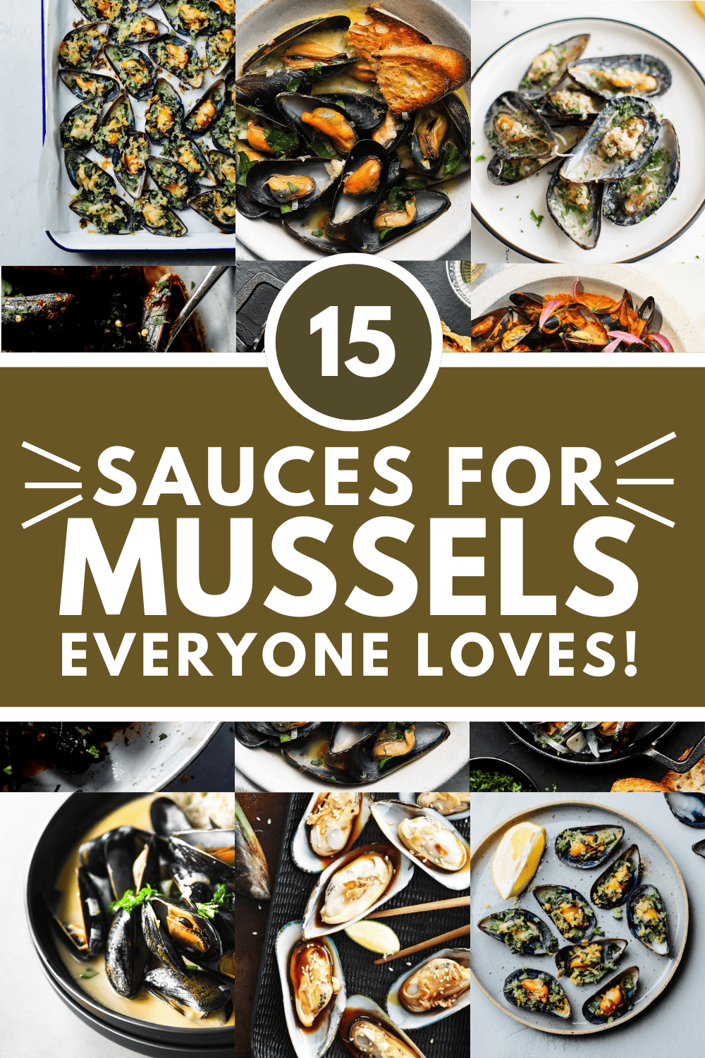 Collage of sauces for mussels with text overlay.