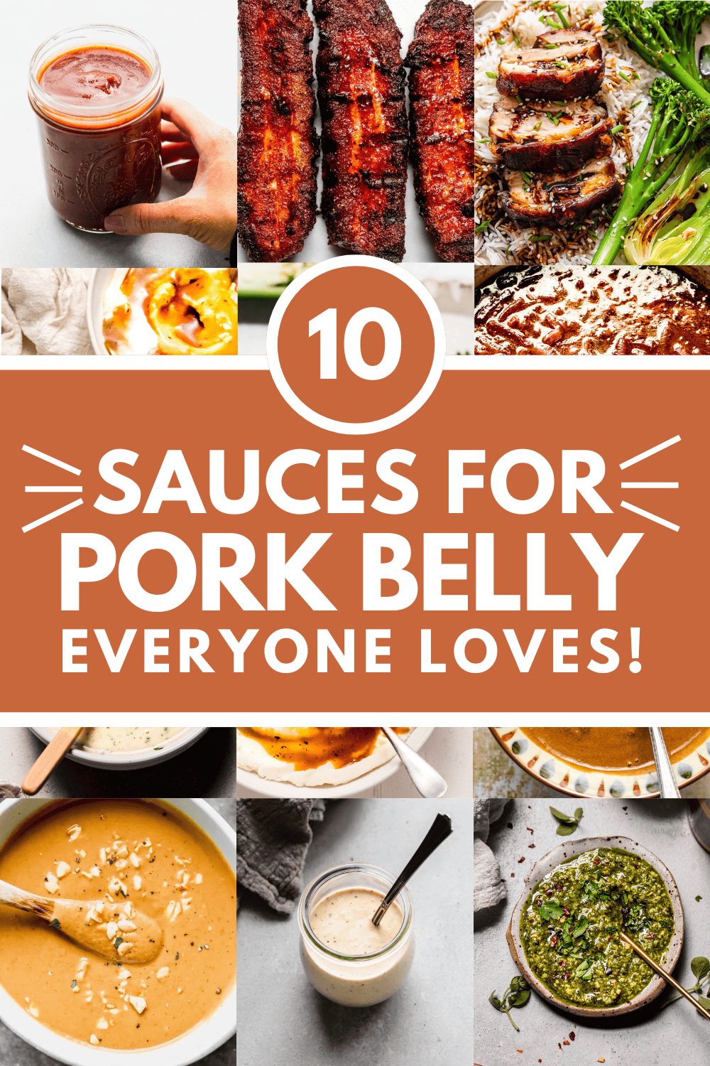 Collage of sauces for pork belly with text overlay.