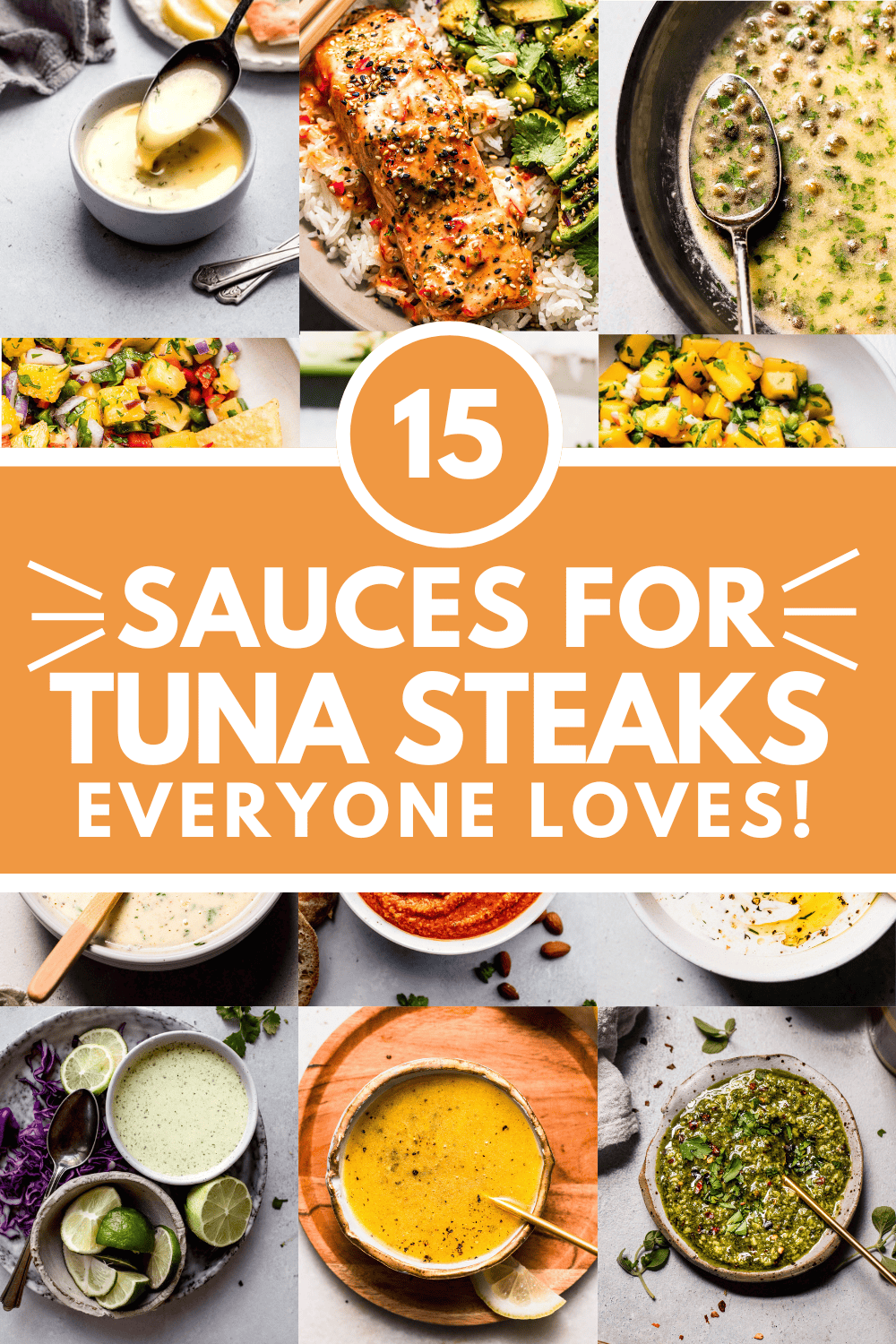 Collage of sauces for tuna steaks with text overlay.